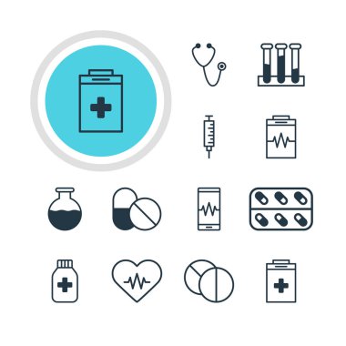 12 sağlık simgeler vektör Illustration. Nabız, antibiyotik, Vaccinator ve diğer öğeleri düzenlenebilir paketi.