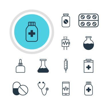 12 tıp simgeler vektör Illustration. Nabız, gereklilik, tıp kavanoz ve diğer öğeleri düzenlenebilir paketi.