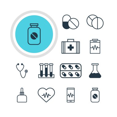 12 sağlık simgeler vektör Illustration. Düzenlenebilir paket antibiyotik, ilaç sürahi, Aspirin ve diğer öğeleri.