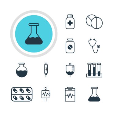 12 sağlık simgeler vektör Illustration. Vaccinator, tedavi, nabız ve diğer öğeleri düzenlenebilir paketi.