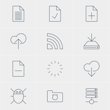 12 Internet simgeler vektör Illustration. Sunucu, bilgisayar virüsü, bilgi yükü ve diğer öğeleri düzenlenebilir paketi.