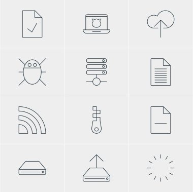 12 Internet simgeler vektör Illustration. Düzenlenebilir paket kontrol Not, sunucu, zımba ve diğer öğeleri.