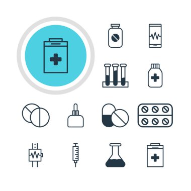 12 tıp simgeler vektör Illustration. Phone Monitor, ilaç sürahi, deney şişesi ve diğer öğeleri düzenlenebilir paketi.