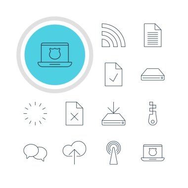 12 Web Simgeler Vektör Illustration. Raptiye, bilgi yükü, düzenlenebilir paket güvenli dizüstü bilgisayar ve diğer öğeleri.