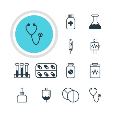 12 sağlık simgeler vektör Illustration. Vaccinator, ilaç testi, antikor ve diğer öğeleri düzenlenebilir paketi.