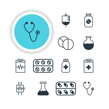 12 tıbbi simgeler vektör Illustration. Hap, tıp kavanoz, şişe ve diğer öğeleri düzenlenebilir paketi.