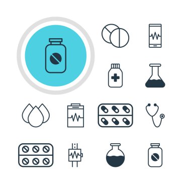 12 sağlık simgeler vektör Illustration. Nabız, Tablet, şişe ve diğer öğeleri yuvarlak düzenlenebilir sürüsü.