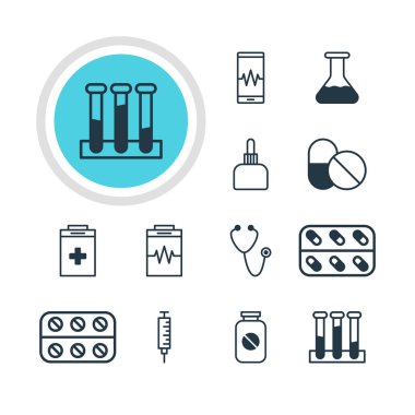 12 tıp simgeler vektör Illustration. Nabız, deney şişesi, tıp ve diğer öğeleri düzenlenebilir paketi.