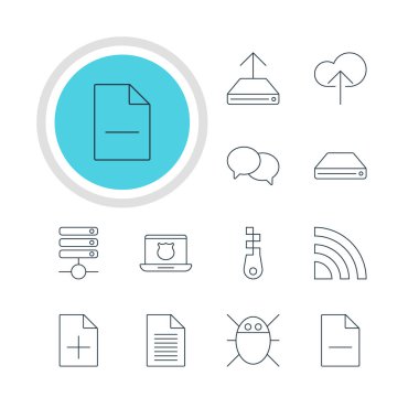12 ağ simgeler vektör Illustration. Sabit Disk Disk, Not, Hdd eşitleme ve diğer öğeleri düzenlenebilir paketi.