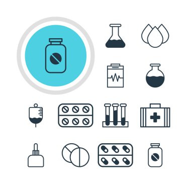 12 sağlık simgeler vektör Illustration. İlaç sürahi, ilaç, tedavi ve diğer öğeleri düzenlenebilir paketi.