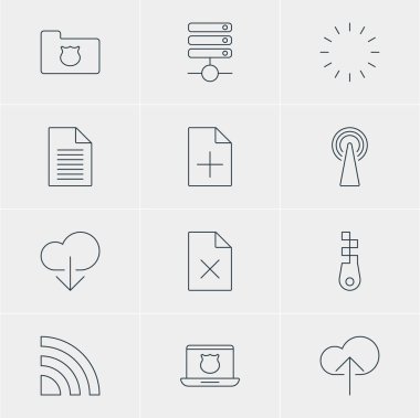 12 Internet simgeler vektör Illustration. Veri karşıya yükleme, kablosuz ağ, yönlendirici ve diğer öğeleri düzenlenebilir paketi.