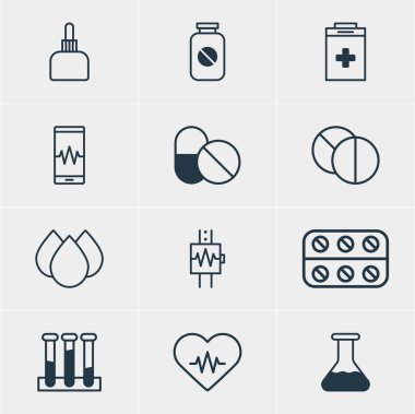 12 tıp simgeler vektör Illustration. Flask, Aspirin, yuvarlak Tablet ve diğer öğeleri düzenlenebilir paketi.