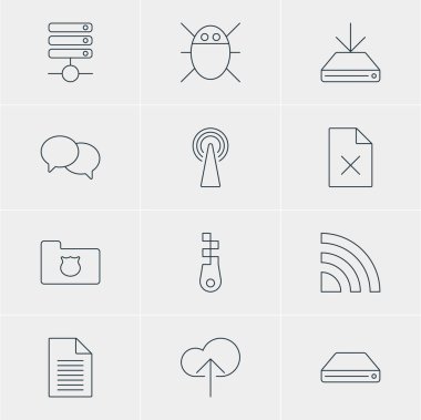 12 ağ simgeler vektör Illustration. Kablosuz Ağ, bilgisayar virüsü, sunucu ve diğer öğeleri düzenlenebilir paketi.