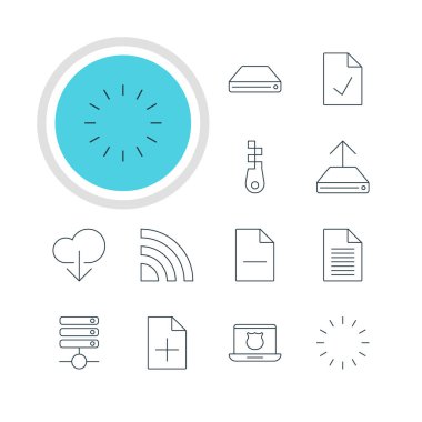 12 Internet simgeler vektör Illustration. Not, sabit disk Disk, kablosuz ağ ve diğer öğeleri düzenlenebilir paketi.