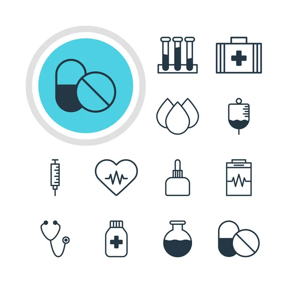 Ilustración vectorial de 12 iconos médicos. Paquete editable de anticuerpo, frasco, matraz de experimento y otros elementos . — Archivo Imágenes Vectoriales