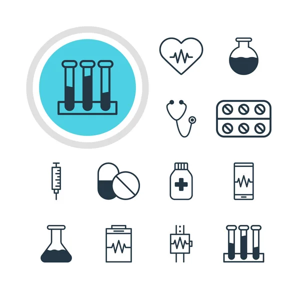 Ilustracja wektorowa 12 ikon medycyny. Edytowalne Pack leczenie, pigułki, kolby i inne elementy. — Wektor stockowy