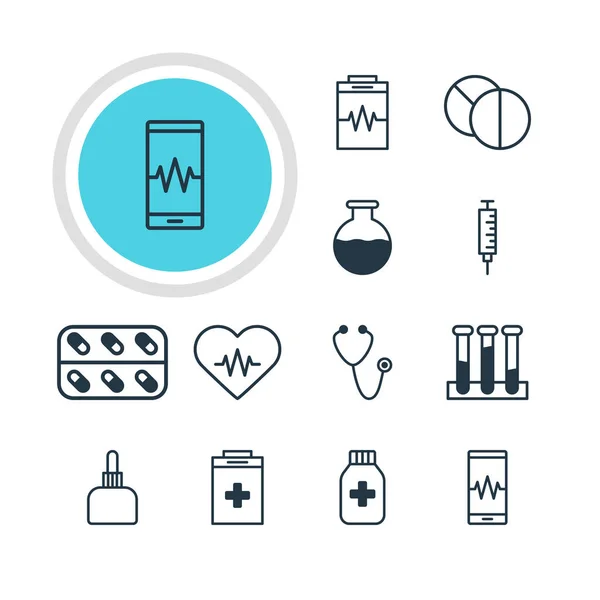 Ilustração vetorial de 12 ícones de saúde. Pacote editável de jarro de medicamento, monitor de telefone, frasco de medicina e outros elementos . —  Vetores de Stock