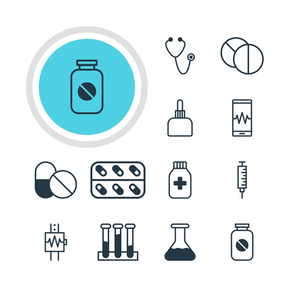 Ilustração vetorial de 12 ícones de saúde. Pacote editável de medicina, antibiótico, comprimido redondo e outros elementos . — Vetor de Stock