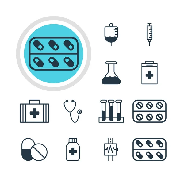 Ilustración vectorial de 12 iconos médicos. Paquete editable de pulso, anticuerpo, medicina y otros elementos . — Archivo Imágenes Vectoriales