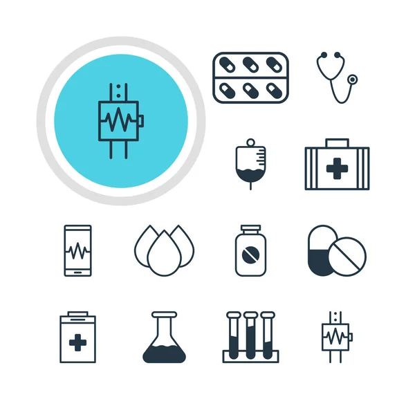 Ilustración vectorial de 12 iconos de la salud. Paquete editable de bolsa médica, frasco, medicina y otros elementos . — Archivo Imágenes Vectoriales