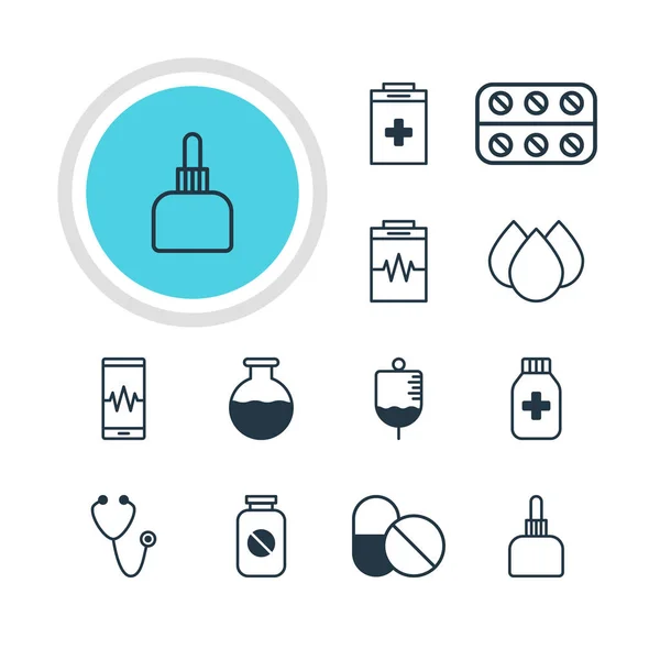 Vektorové ilustrace 12 lékařské ikon. Upravitelné Pack pramínek, pilulky, telefon Monitor a dalších prvků. — Stockový vektor