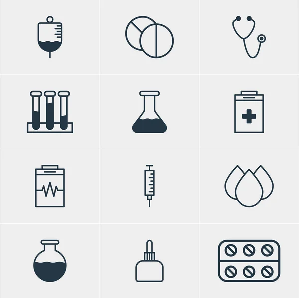 Ilustração vetorial de 12 ícones da medicina. Pacote editável de pílulas, jarro de medicamentos, truques e outros elementos . — Vetor de Stock