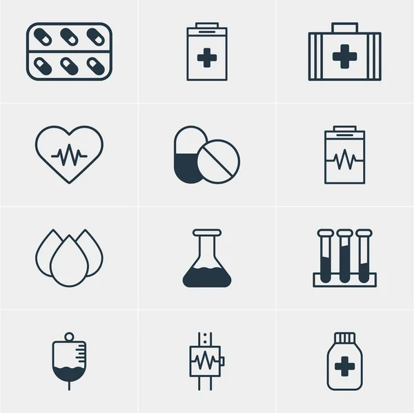 Vector Illustration of 12 Medicine Icons (dalam bahasa Inggris). Paket Teredit Dari Trickle, Detak jantung, Labu Percobaan Dan Elemen Lainnya . - Stok Vektor