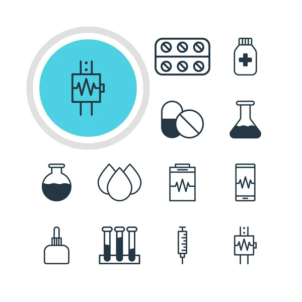 Vektorillustration av 12 medicinsk ikoner. Redigerbara Pack av, medicin Jar, kolv och andra element. — Stock vektor