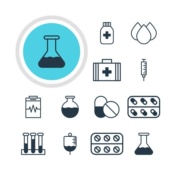 12 sağlık simgeler vektör Illustration. Trickle, tedavi, Vaccinator ve diğer öğeleri düzenlenebilir paketi. — Stok Vektör