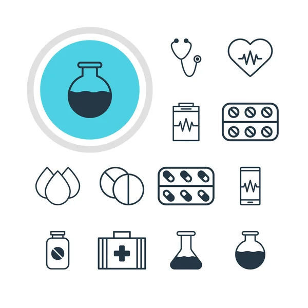 Ilustracja wektorowa 12 ikon zdrowia. Edytowalne opakowanie impulsowe, fiolki, tabletki i inne elementy. — Wektor stockowy