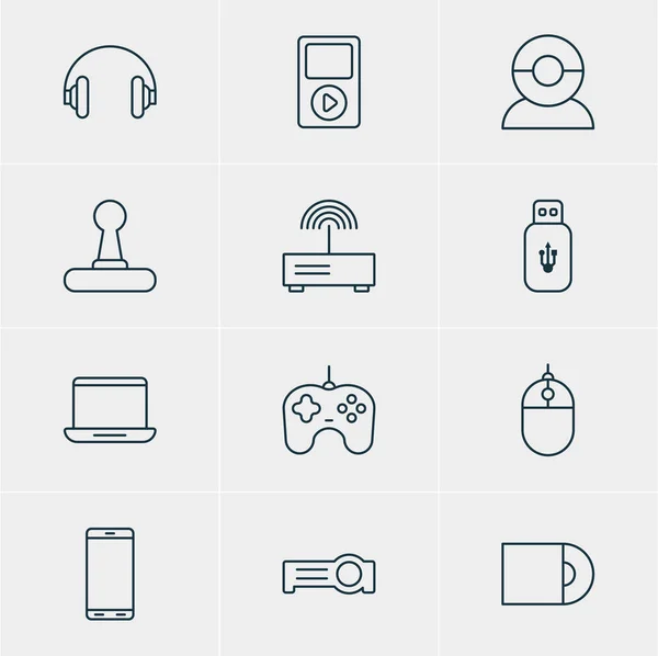 Illustration vectorielle de 12 icônes Gadget. Pack modifiable de contrôleur de curseur, carte USB, projecteur et autres éléments . — Image vectorielle