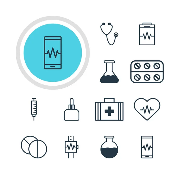 Ilustración vectorial de 12 iconos de la medicina. Paquete editable de jarra del medicamento, tableta redonda, ritmo cardíaco y otros elementos . — Archivo Imágenes Vectoriales