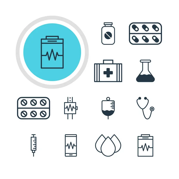 Vektorillustration av 12 medicinsk ikoner. Redigerbara Pack av behandling, kolv, hjärtslag och andra element. — Stock vektor