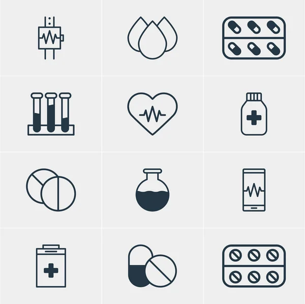 Vektorillustration von 12 Medizin-Symbolen. editierbare Medikamentenpackung, rundes Tablet, Telefonmonitor und andere Elemente. — Stockvektor