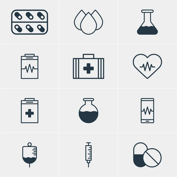 Illustration vectorielle de 12 icônes de santé. Pack modifiable de rythme cardiaque, exigence, traitement et autres éléments . — Image vectorielle