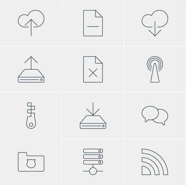 Ilustración vectorial de 12 iconos web. Paquete editable de hablar, carga de información, red inalámbrica y otros elementos . — Vector de stock