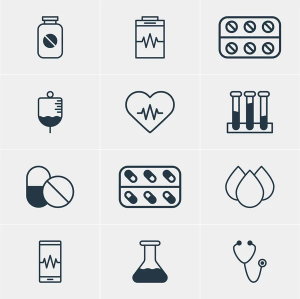 Vectorillustratie van 12 medische pictogrammen. Bewerkbare Pack van Pulse, antilichaam, kolf en andere elementen. — Stockvector