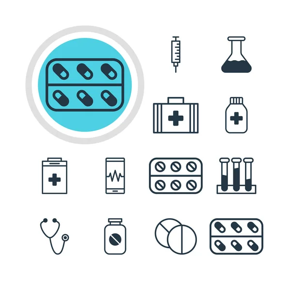 Vector Illustration of 12 Medicine Icons (dalam bahasa Inggris). Paket Pil, Obat-obatan, Kelemahan Dan Elemen Lainnya . - Stok Vektor