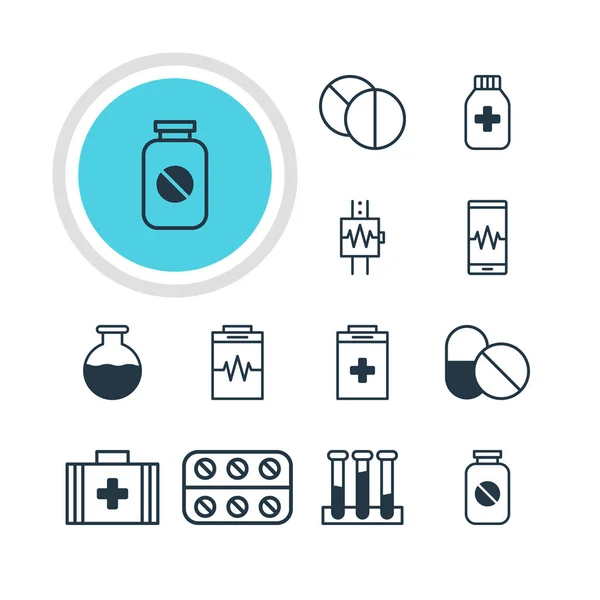 Vector εικονογράφηση 12 ιατρικές εικόνες. Επεξεργάσιμο πακέτου της ασπιρίνης, ιατρικά τσάντα, οθόνη τηλέφωνο και άλλα στοιχεία. — Διανυσματικό Αρχείο