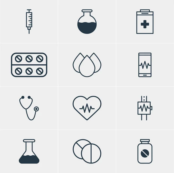 Vectorillustratie van 12 gezondheid pictogrammen. Bewerkbare Pack van Vaccinator, telefoon Monitor, Exigency en andere elementen. — Stockvector