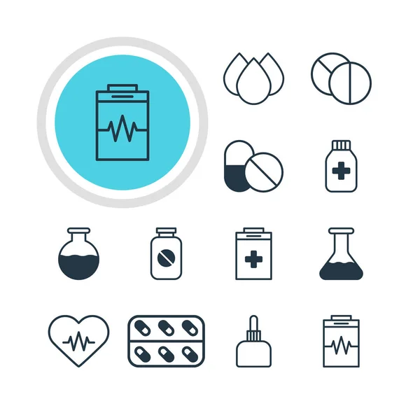 12 의료 아이콘 벡터 일러스트입니다. 의학, 약 병, 유리병 및 기타 요소의 편집 가능한 팩. — 스톡 벡터
