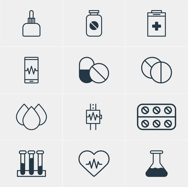 Ilustración vectorial de 12 iconos de la medicina. Envase editable de frasco, aspirina, tableta redonda y otros elementos . — Archivo Imágenes Vectoriales