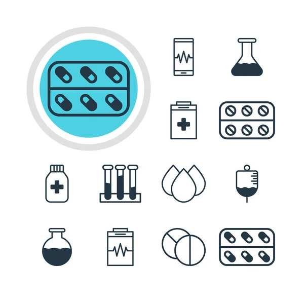 Ilustracja wektorowa 12 ikon zdrowia. Edytowalne opakowanie leku, leczenie, fiolka i innych elementów. — Wektor stockowy
