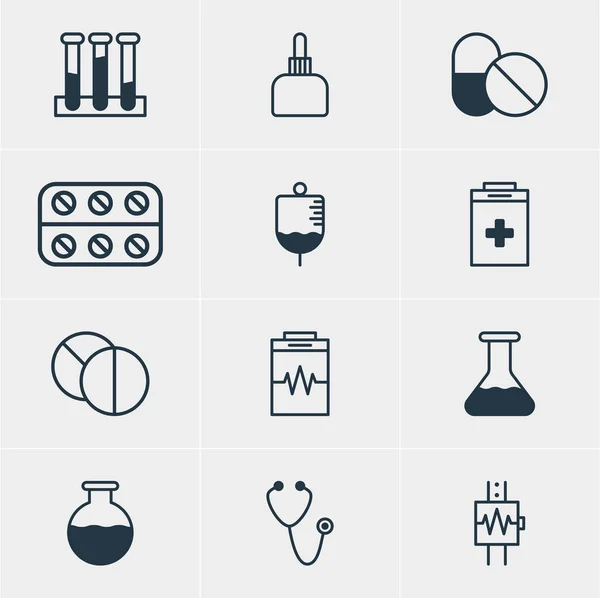 12 orvosi ikonok vektoros illusztráció. Szerkeszthető Pack lombik kísérlet, végszükség, szívverés és egyéb elemek. — Stock Vector
