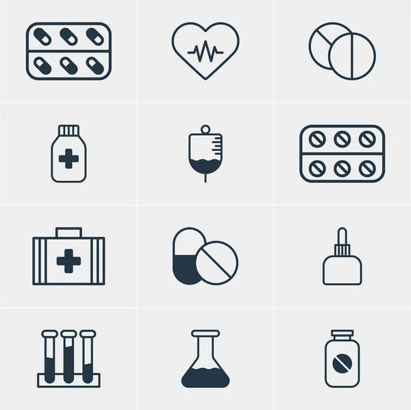 Ilustración vectorial de 12 iconos médicos. Paquete editable de jarra del medicamento, ritmo cardíaco, tableta redonda y otros elementos . — Vector de stock