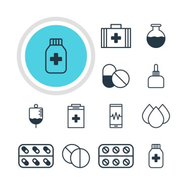 12 tıbbi simgeler vektör Illustration. Gereklilik, düzenlenebilir paket antibiyotik yuvarlak Tablet ve diğer öğeleri.