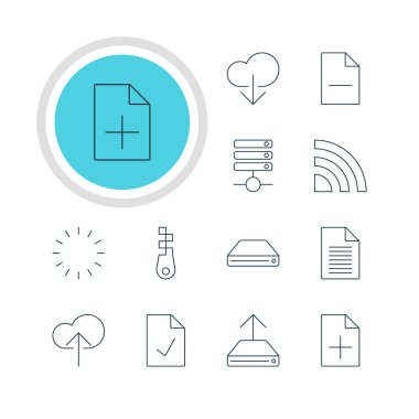 12 Web Simgeler Vektör Illustration. Sunucu, veri düzenlenebilir paket yüklemek, sabit disk Disk ve diğer öğeleri.