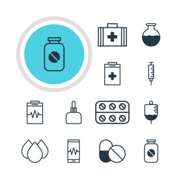 12 tıp simgeler vektör Illustration. Antibiyotik, düzenlenebilir Pack ilk yardım çantası, hap ve diğer öğeleri.