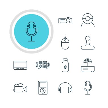 12 Gadget simgeler vektör Illustration. Modem, ortam denetleyicisi, görüntülü sohbet ve diğer öğeleri düzenlenebilir paketi.