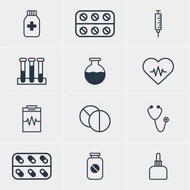 12 tıbbi simgeler vektör Illustration. İlaç, kalp ritmi, Aspirin ve diğer öğeleri düzenlenebilir paketi.